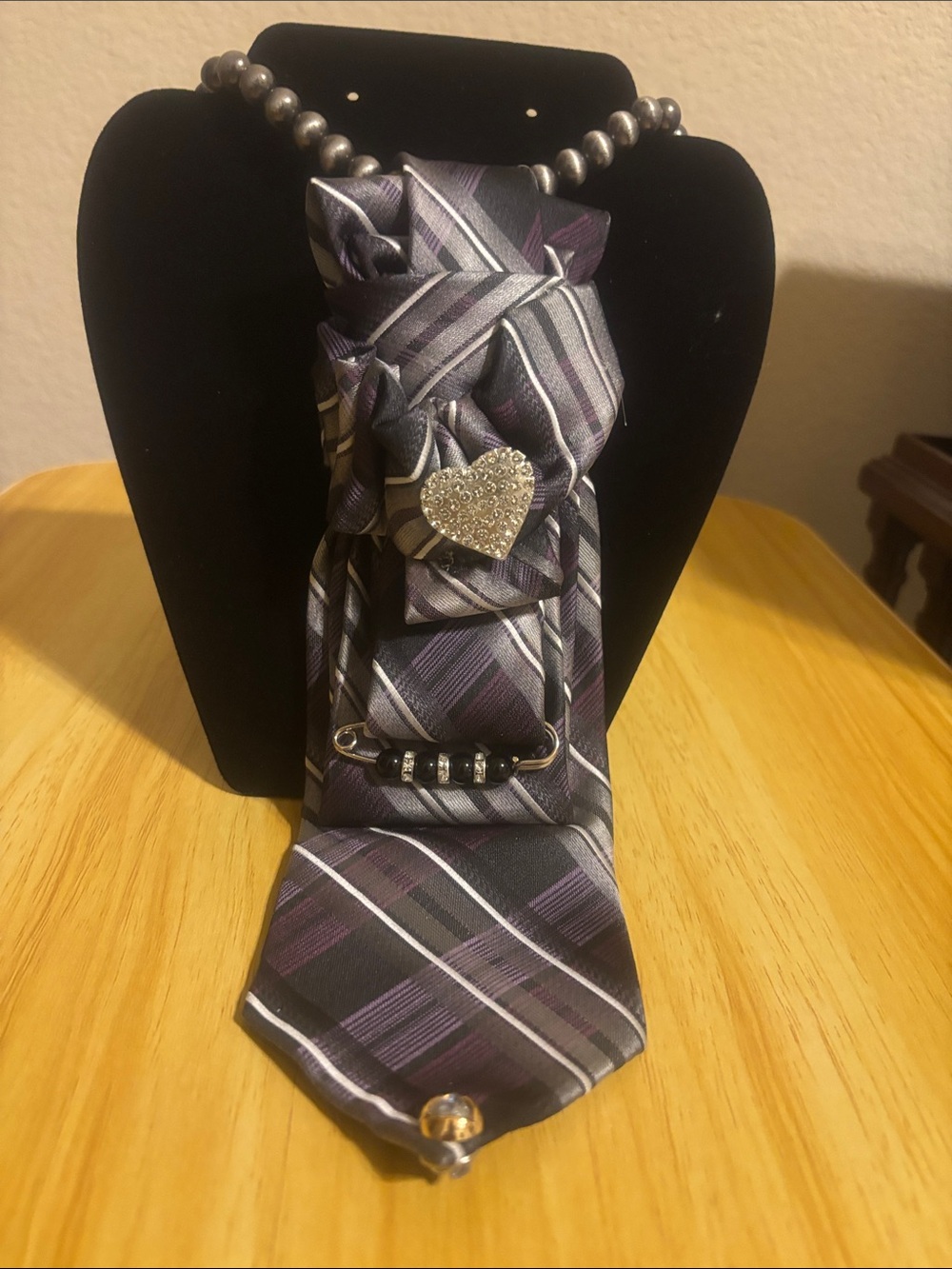 Purple Plaid Tie Necklace with Rhinestone Heart Accent